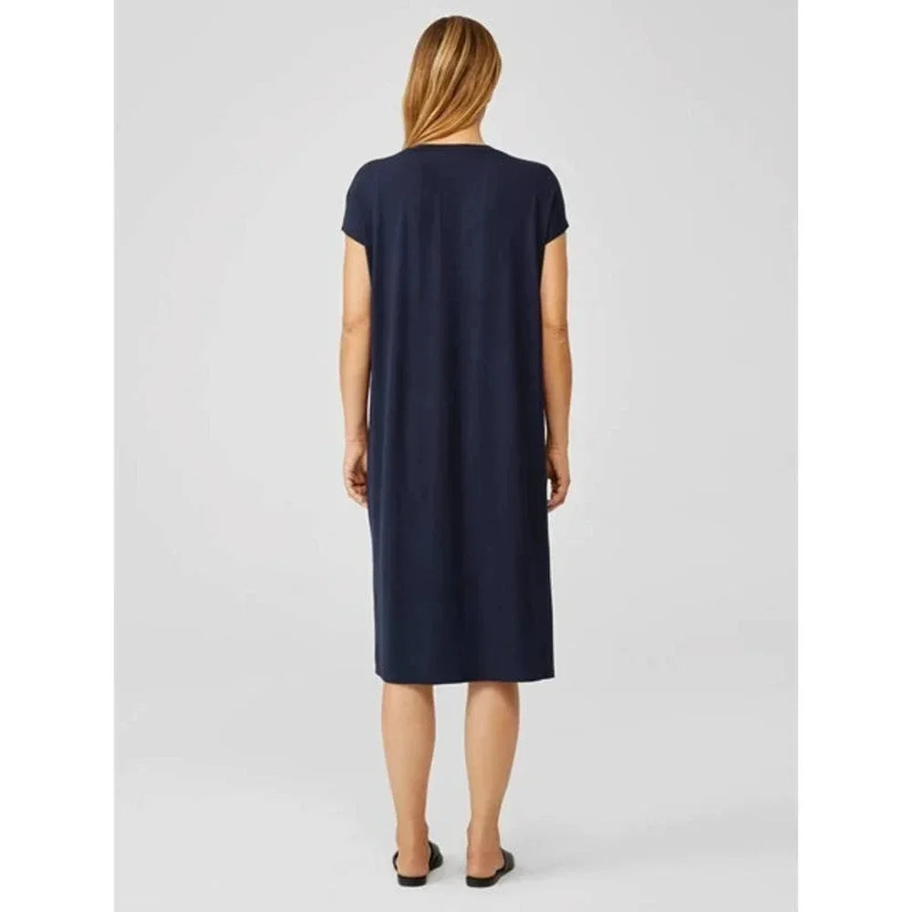 Eileen Fisher Size S Viscose Jersey Crew Neck Dress In Navy Blue - Picture 4 of 9